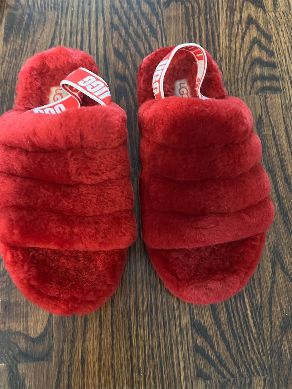UGG Kids Red Plush Slide Slippers with Branded Heel Strap